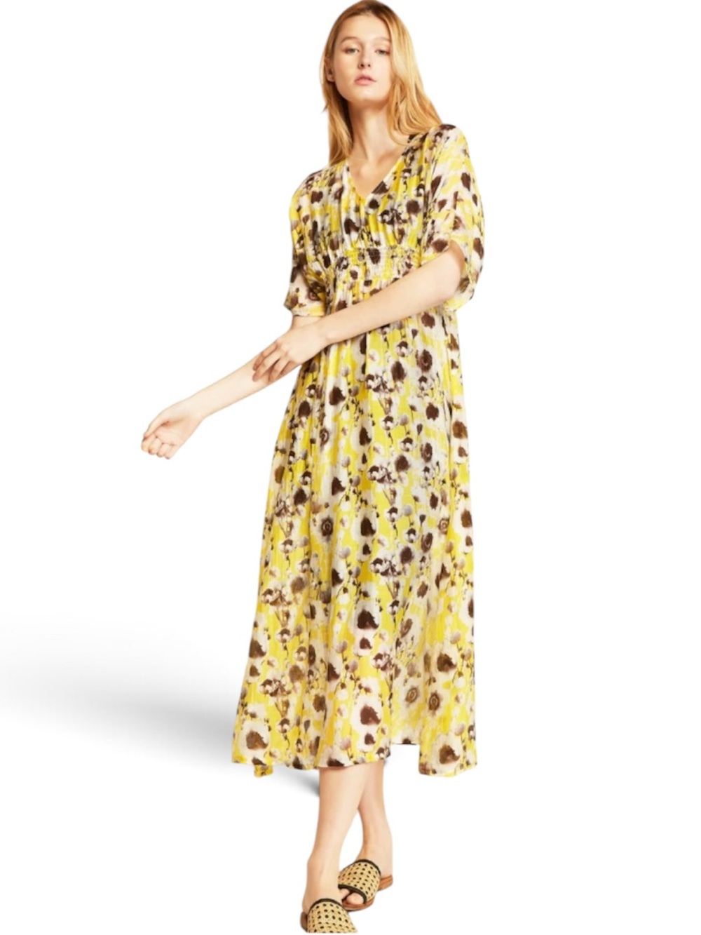 Look by M Smocked Waist V-Neck Sheer Midi Dress in Butter Yellow Floral Print